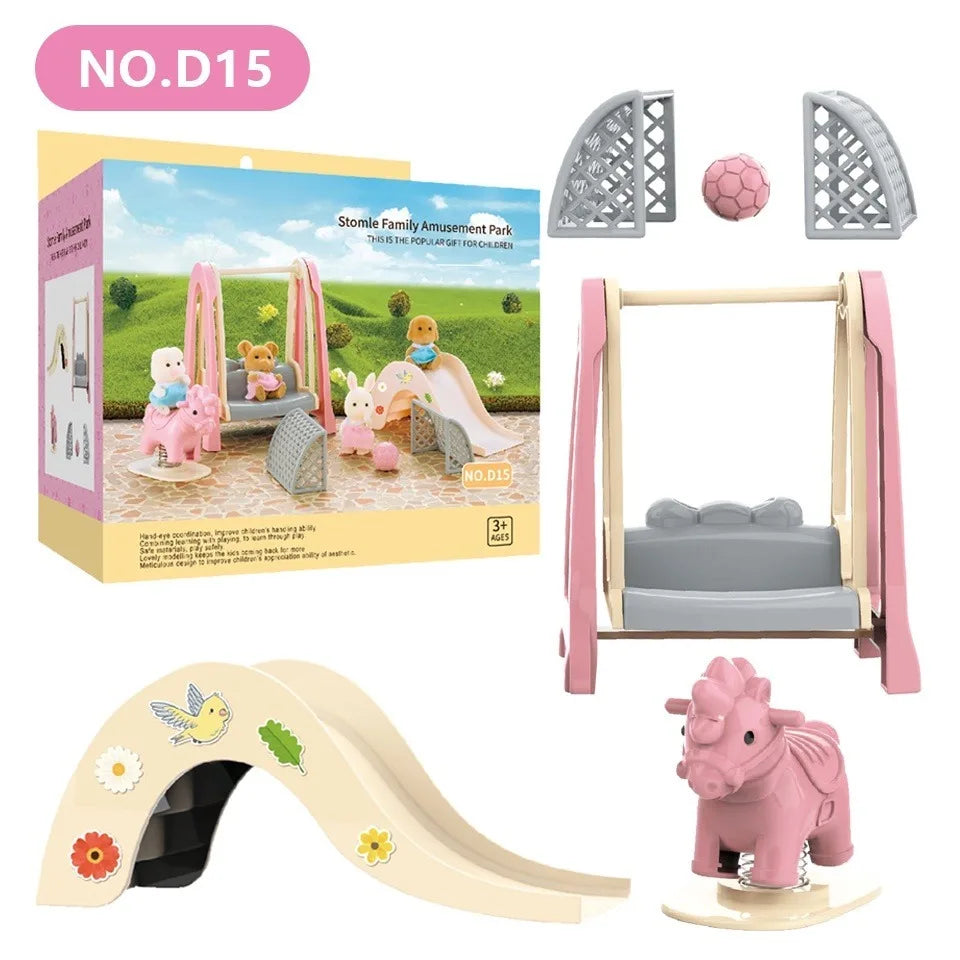A set of miniature dollhouse furniture including a bathroom, kitchen, and laundry playset.