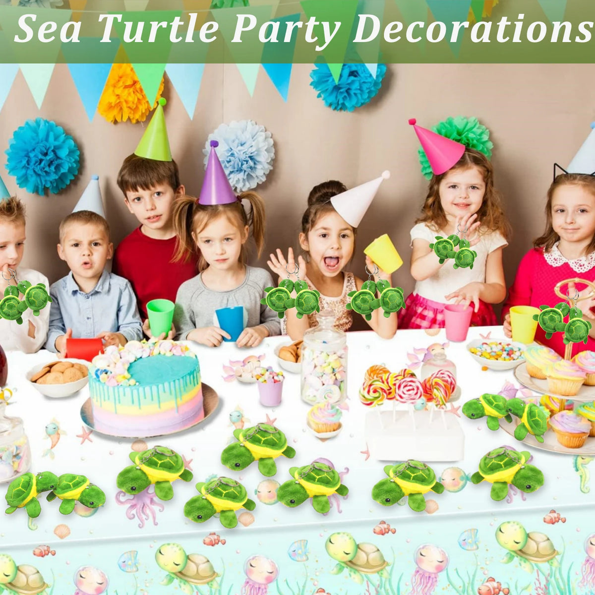 Sea turtle party decorations featuring plush toys, colorful balloons, and themed tableware for a children's party.