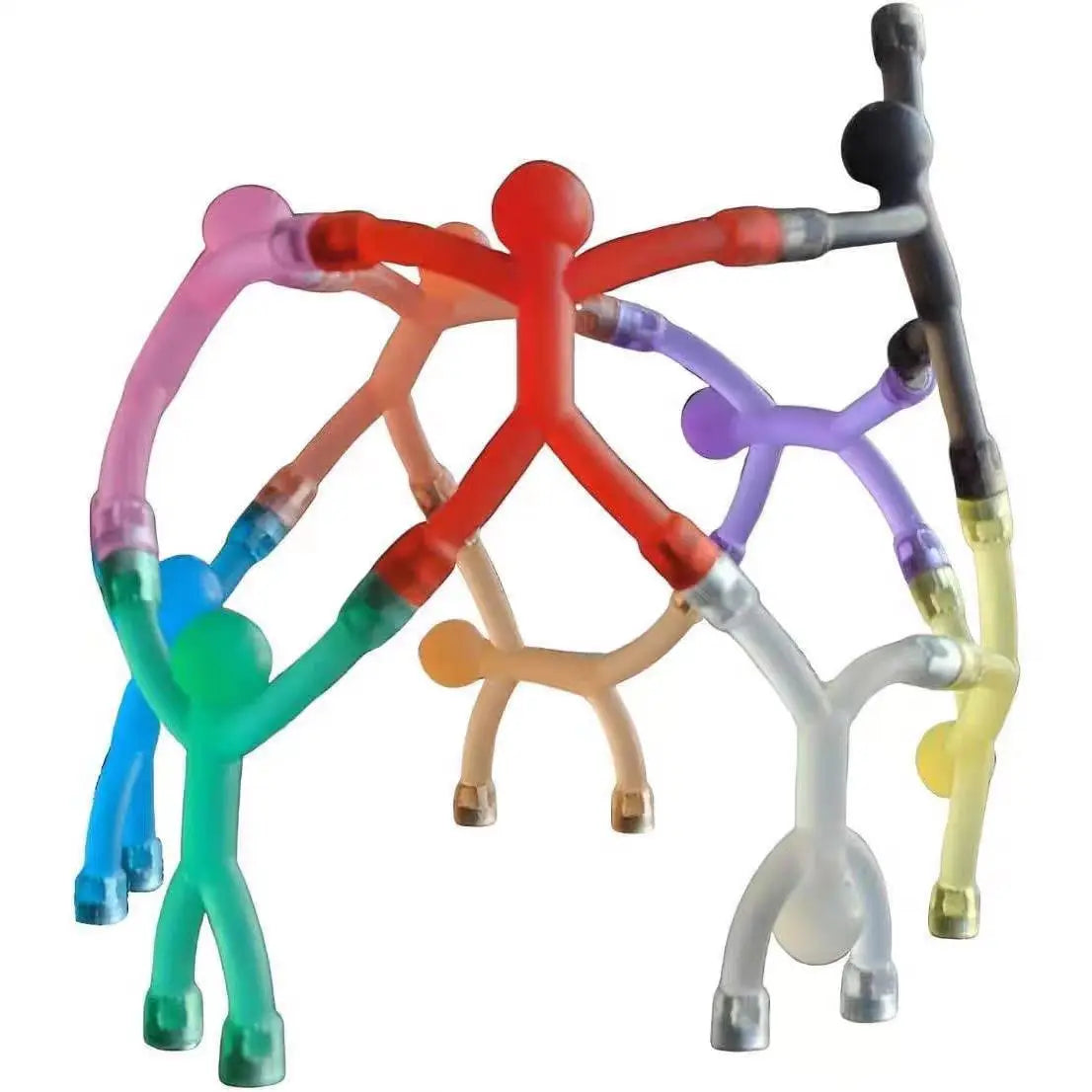 A collection of colorful magnetic humanoid toys with various limbs and shapes.