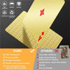 A set of golden waterproof playing cards with a red emblem, highlighting durability and flexibility features.