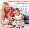 A blonde woman interacts with a toddler playing with a soft plush farm animal set featuring various animals and sensory eleme
