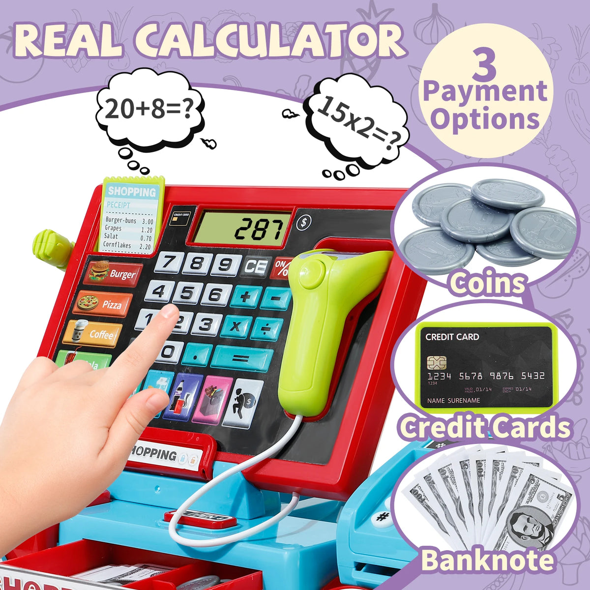 A red pretend play cash register with a calculator and various accessories for kids