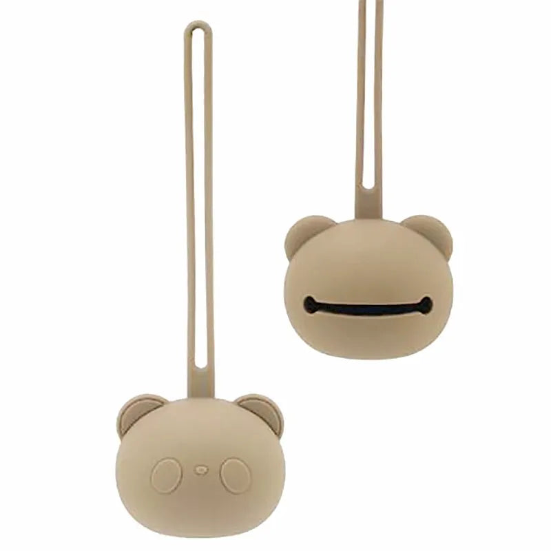 A light beige silicone panda-themed pacifier storage bag with a long strap.