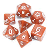 A collection of red acrylic dice showing various numbers and shapes used for tabletop role-playing games
