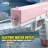 A pink electric water blaster gun is shown spraying a stream of water in an outdoor context.