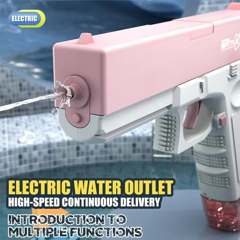 A pink electric water blaster gun is shown spraying a stream of water in an outdoor context.