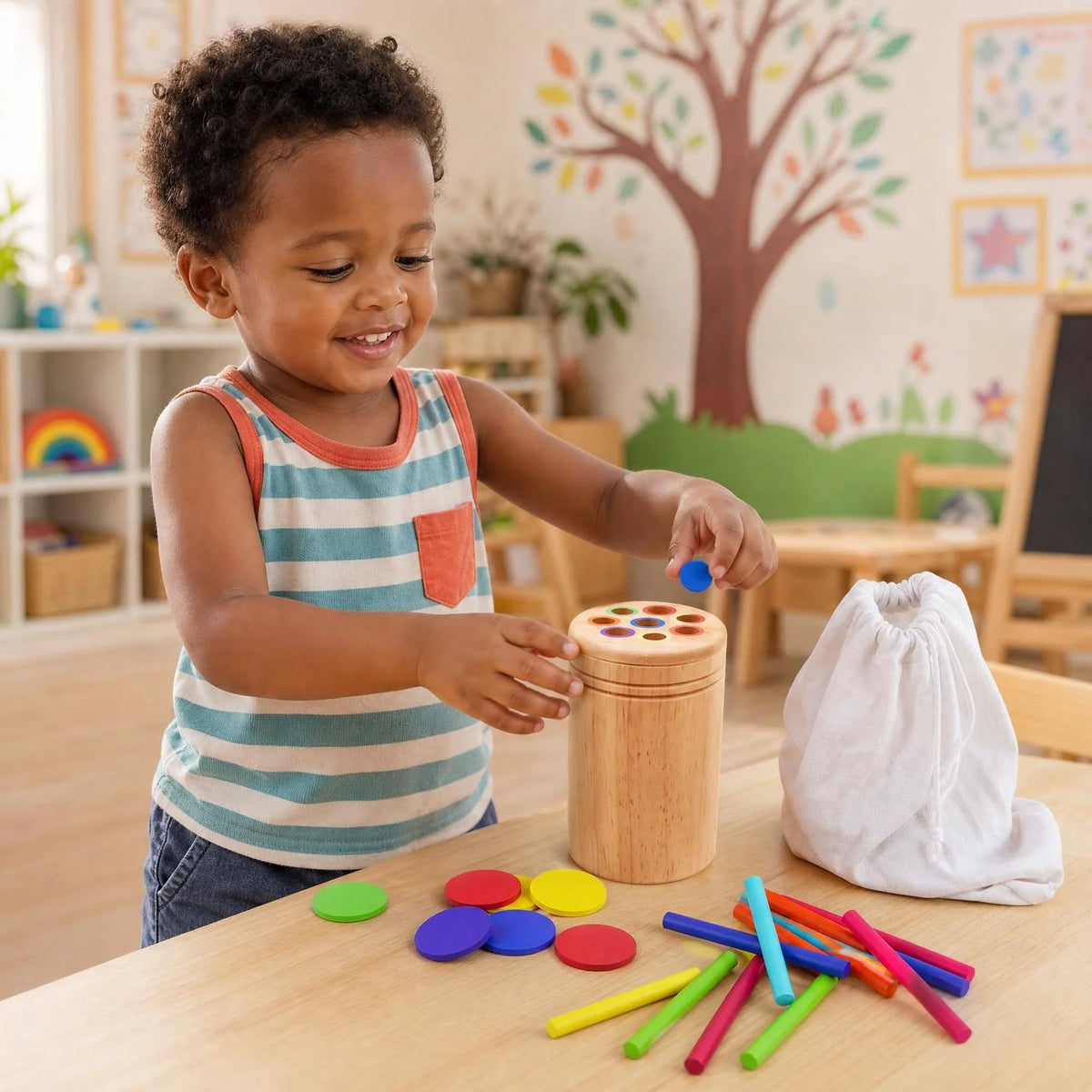 A toddler is sorting colorful wooden coins and discs on a table.