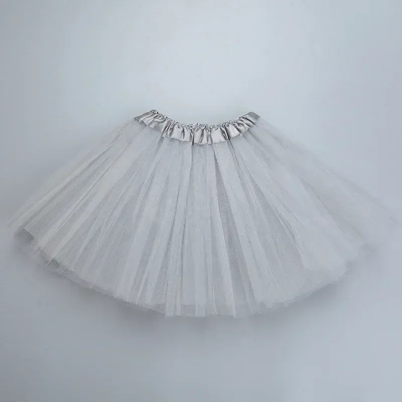 White tulle three-layer tutu skirt for girls with a ruffled waistband