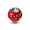 A red strawberry fruit charm bead made of 925 sterling silver with a zircon detail.
