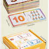 A set of wooden number matching puzzles showing numbers 9 and 10, and a box containing puzzles for numbers 1, 2, and 3.