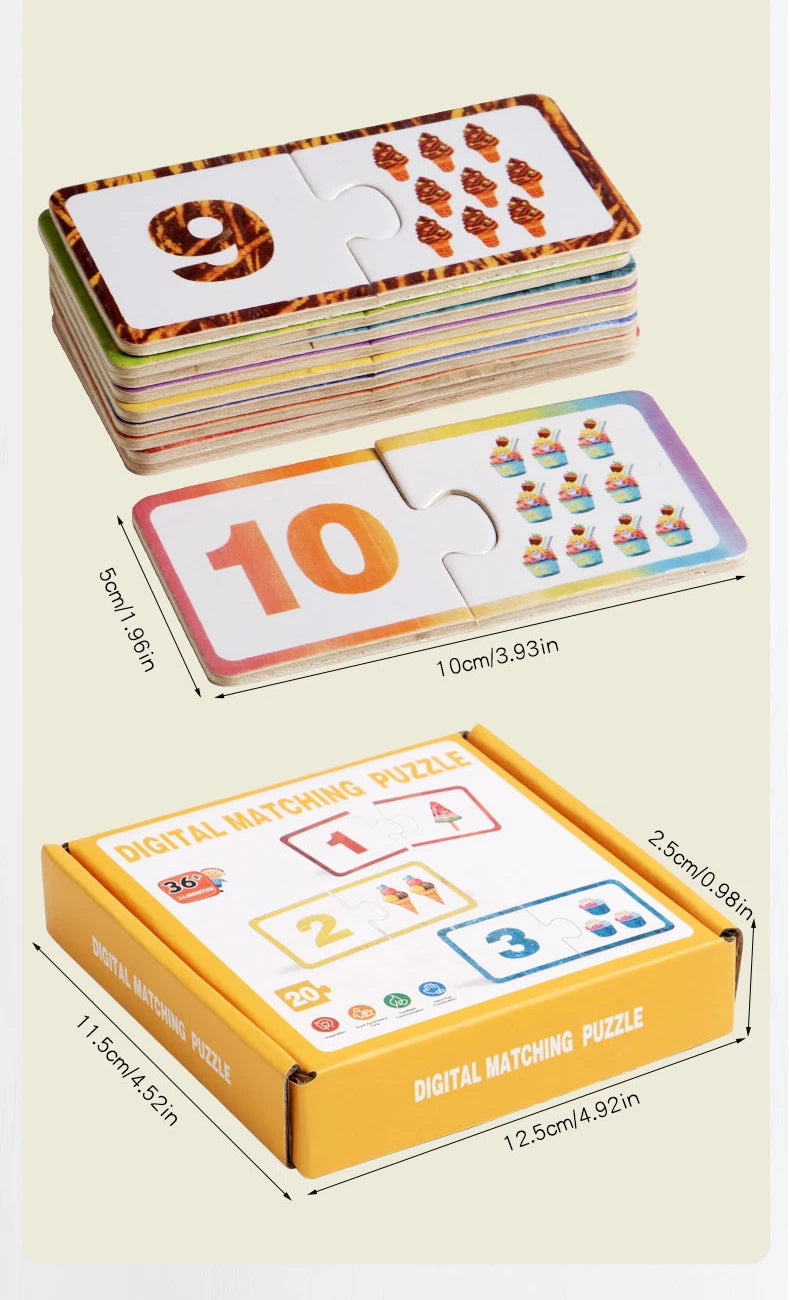 A set of wooden number matching puzzles showing numbers 9 and 10, and a box containing puzzles for numbers 1, 2, and 3.