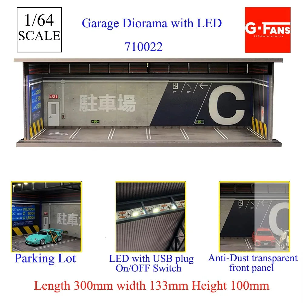 1/64 scale garage diorama featuring a parking lot scene with an exit and a large C sign