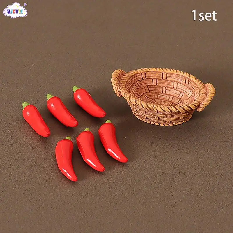 A set of five bright red miniature chili peppers placed next to a woven basket.