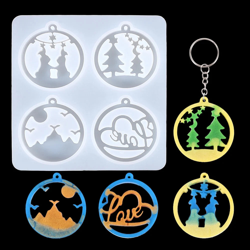 Silicone molds for jewelry and craft projects featuring Christmas themes like trees, silhouettes, and a love design.