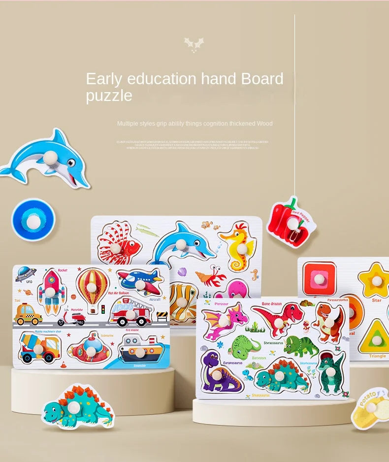 Early education hand board puzzle featuring wooden animals and shapes for toddlers