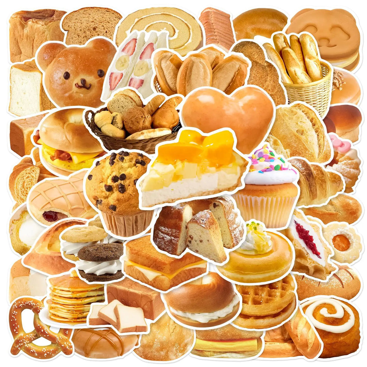 A collection of various food-themed stickers including bread, pastries, and desserts for DIY decor.