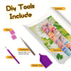 DIY tools include glue, tweezers, a pen, and a plastic tray for a diamond painting kit on canvas.