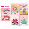 A set of four colorful pages from a magic water coloring book featuring birthday themes and characters.