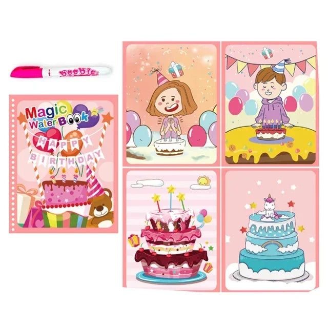 A set of four colorful pages from a magic water coloring book featuring birthday themes and characters.