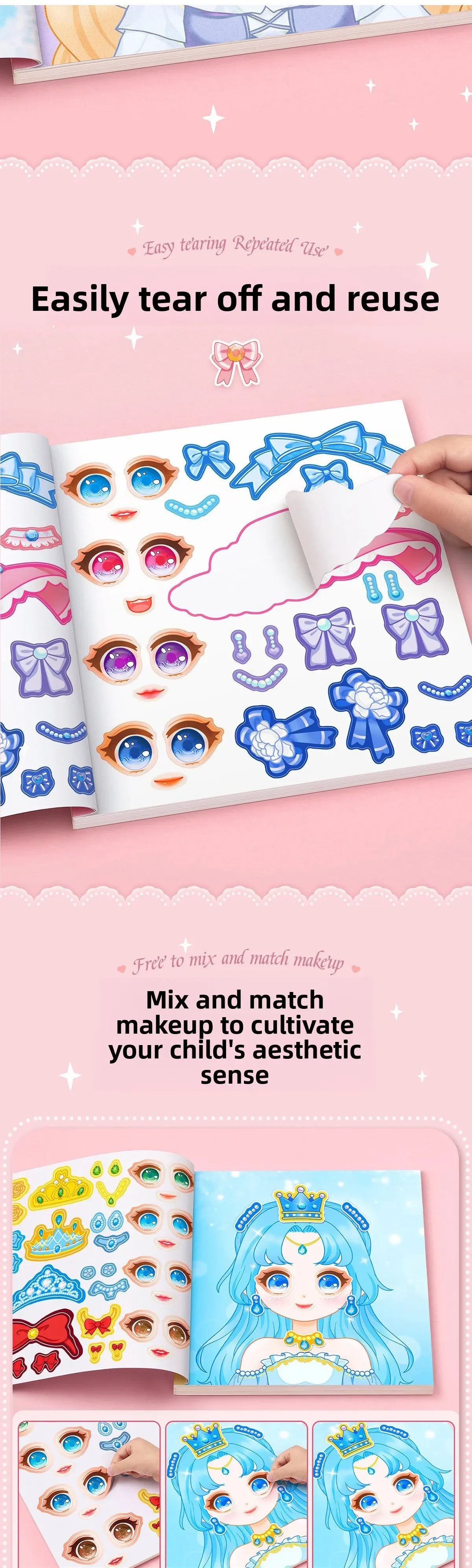 Reusable sticker book featuring princess makeup designs and face templates for kids