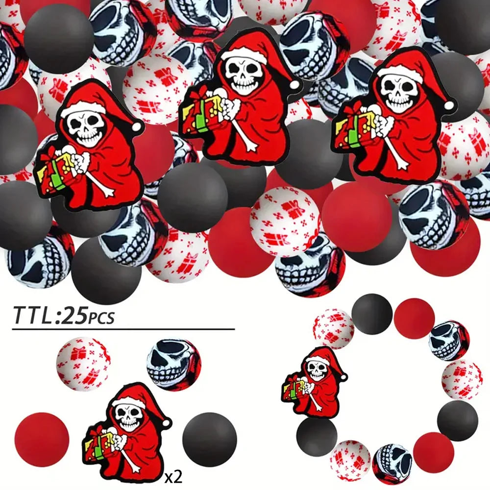A collection of 25 silicone beads featuring skull and pumpkin designs in red, black, and white.