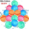 A collection of 50 colorful reusable water balloons in shades of pink, blue, and orange.