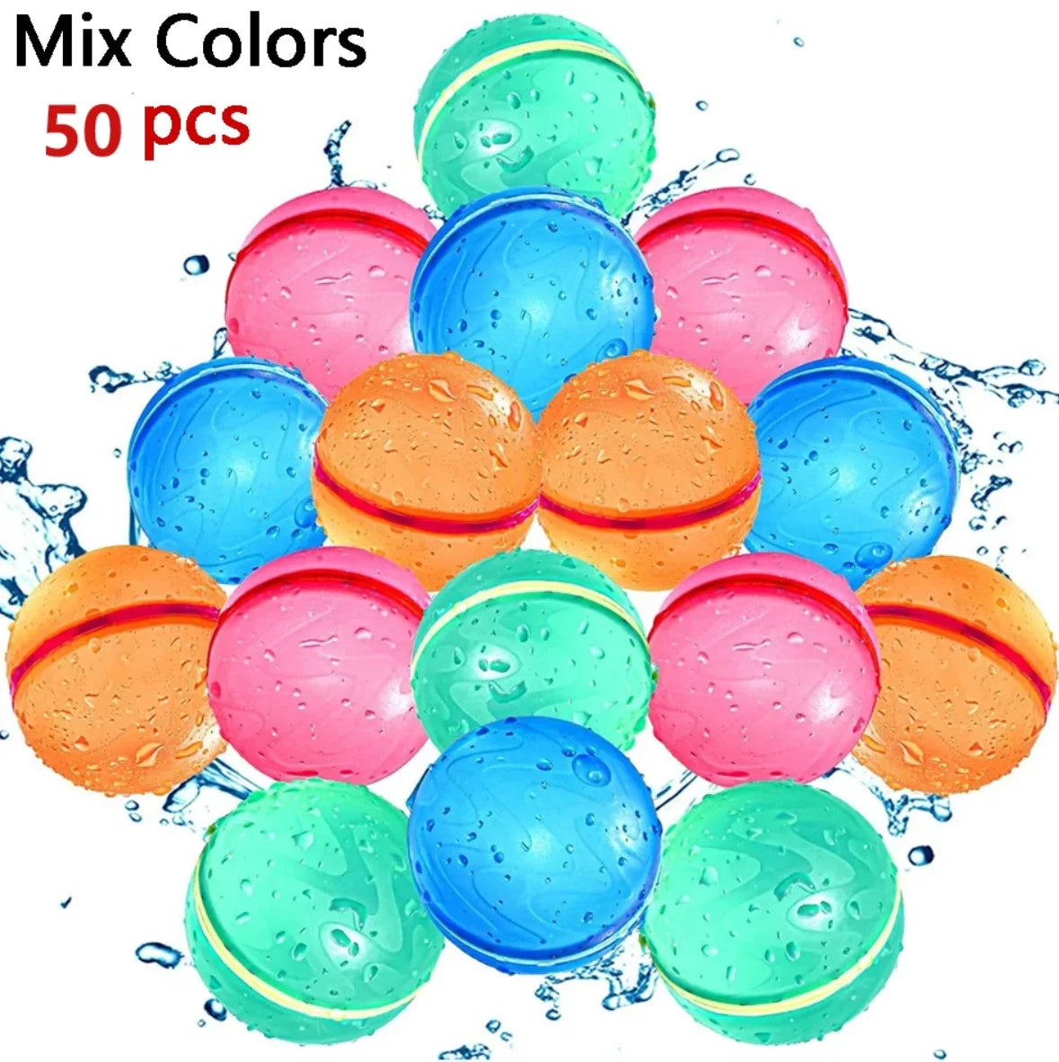 A collection of 50 colorful reusable water balloons in shades of pink, blue, and orange.