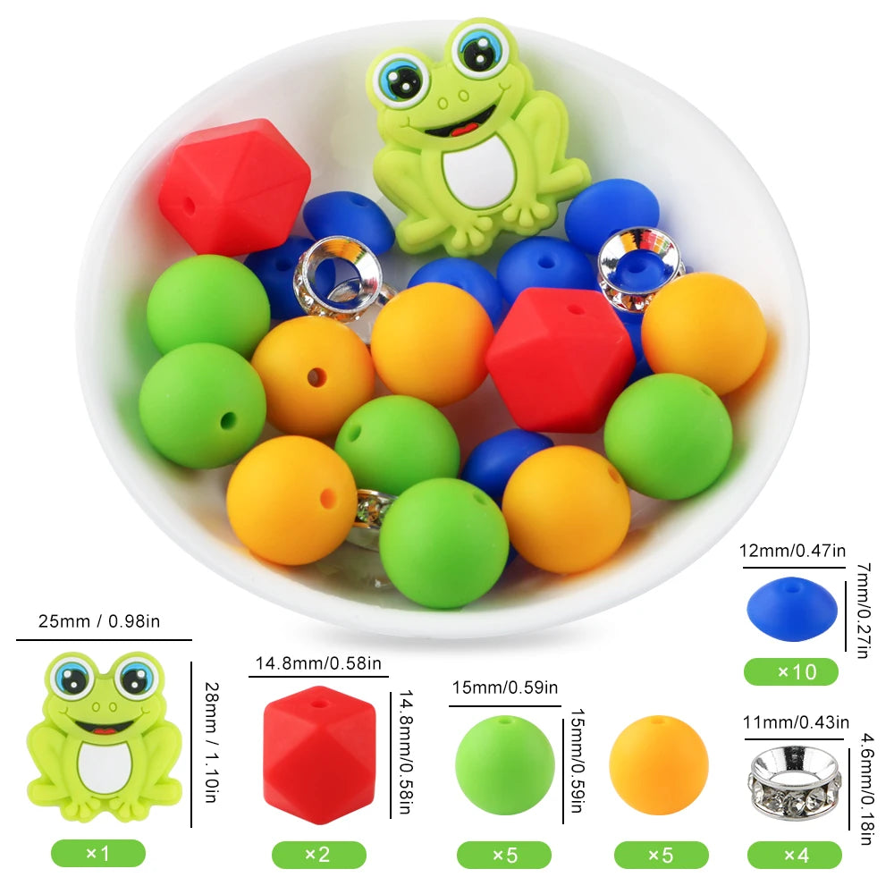 A white bowl filled with various colored silicone beads shaped like cartoon animals for DIY jewelry making