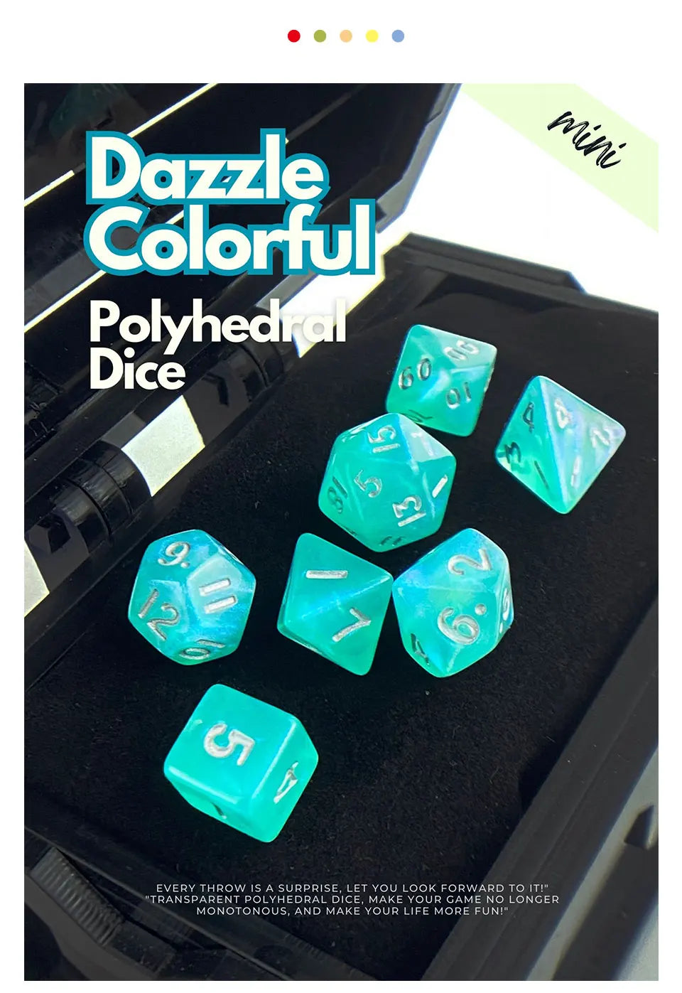 A set of seven iridescent transparent polyhedral dice in various colors displayed on a black surface.