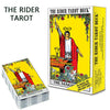 A box of The Rider Tarot Deck featuring a yellow background and an illustration of a figure raising a staff.