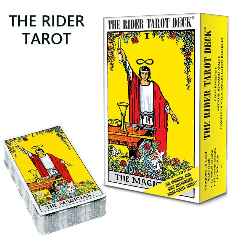 A box of The Rider Tarot Deck featuring a yellow background and an illustration of a figure raising a staff.