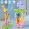 A set of wooden animal stacking blocks in various colors and shapes, including dinosaurs and other animals.