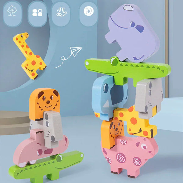 A set of wooden animal stacking blocks in various colors and shapes, including dinosaurs and other animals.