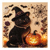 A black cat mosaic art piece surrounded by Halloween elements like bats, spiders, and an orange pumpkin.