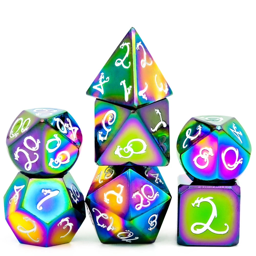 Premium Metal Polyhedral Dice Set with Dragon Font