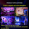 A display showing various applications of RGB sound-activated disco ball lights creating romantic and warm atmospheres.