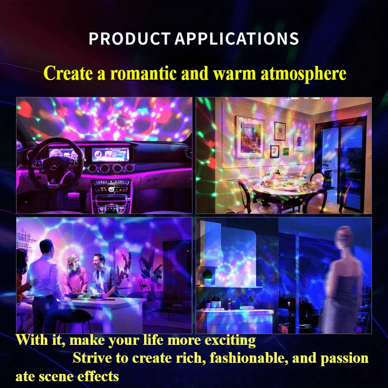 A display showing various applications of RGB sound-activated disco ball lights creating romantic and warm atmospheres.