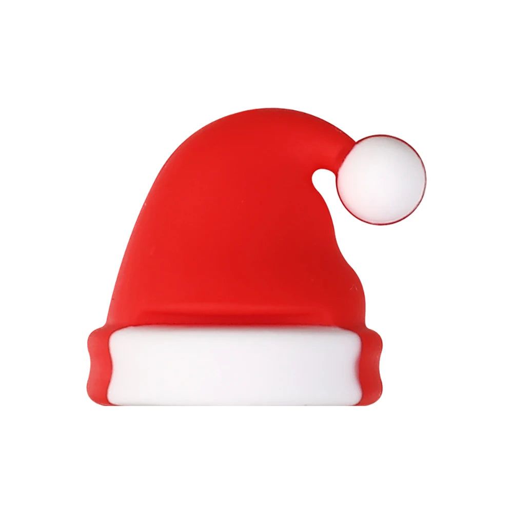 A red Christmas Santa hat with a white pompom and a white trim, made of silicone.