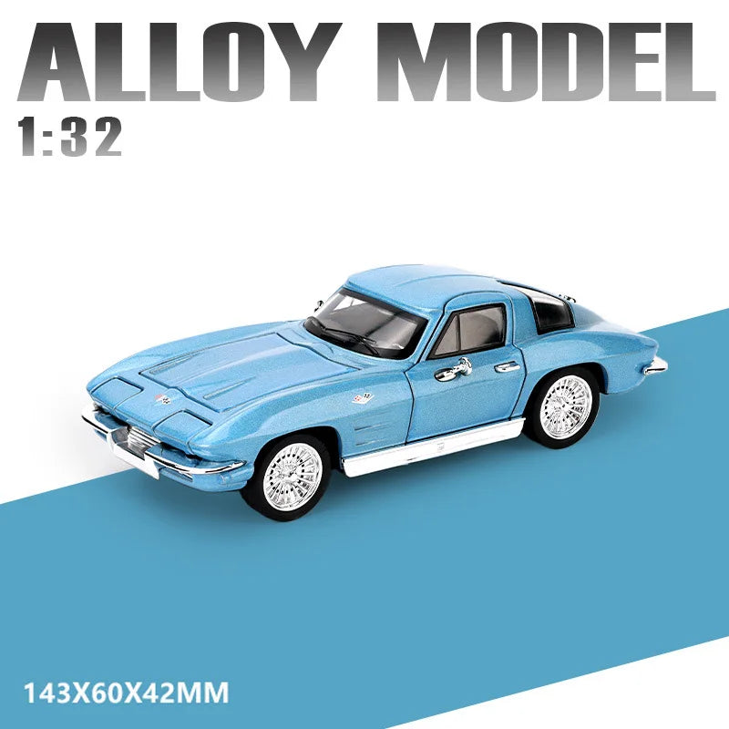 A blue diecast model of a classic muscle car in 1:32 scale with pull-back action.