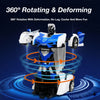 A white and blue transforming robot car is shown rotating and deforming with blue light effects.