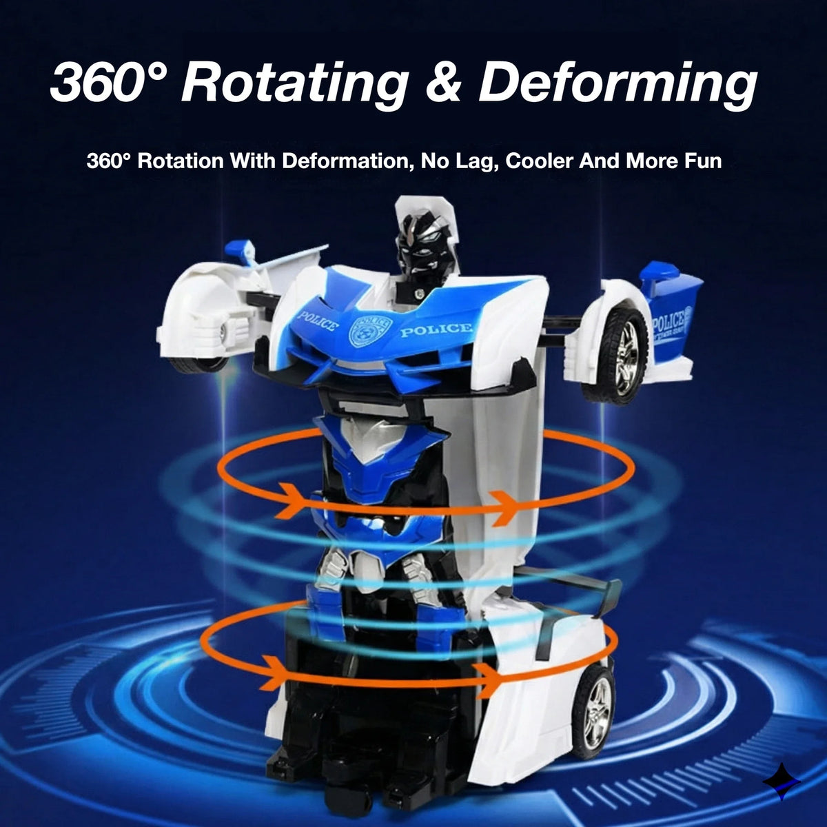 A white and blue transforming robot car is shown rotating and deforming with blue light effects.