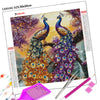 A diamond painting kit featuring a colorful peacock design on canvas with tools.