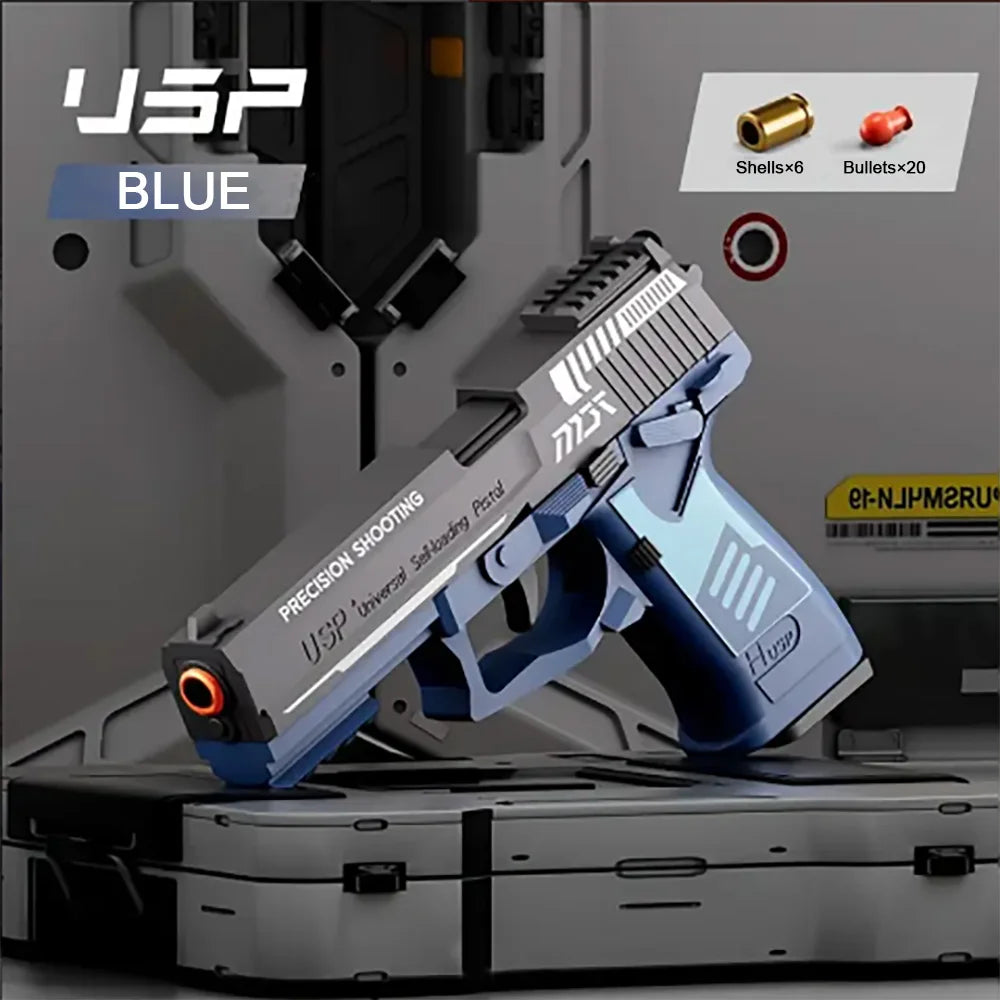 A blue USP pistol is displayed in a shooting context with ammunition and accessories.