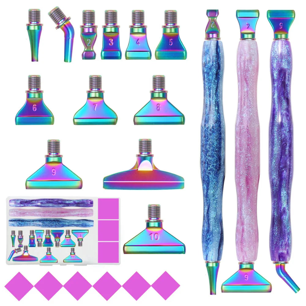 A set of ten resin diamond painting pens with interchangeable metal tips and multi-placers shown in various colors.