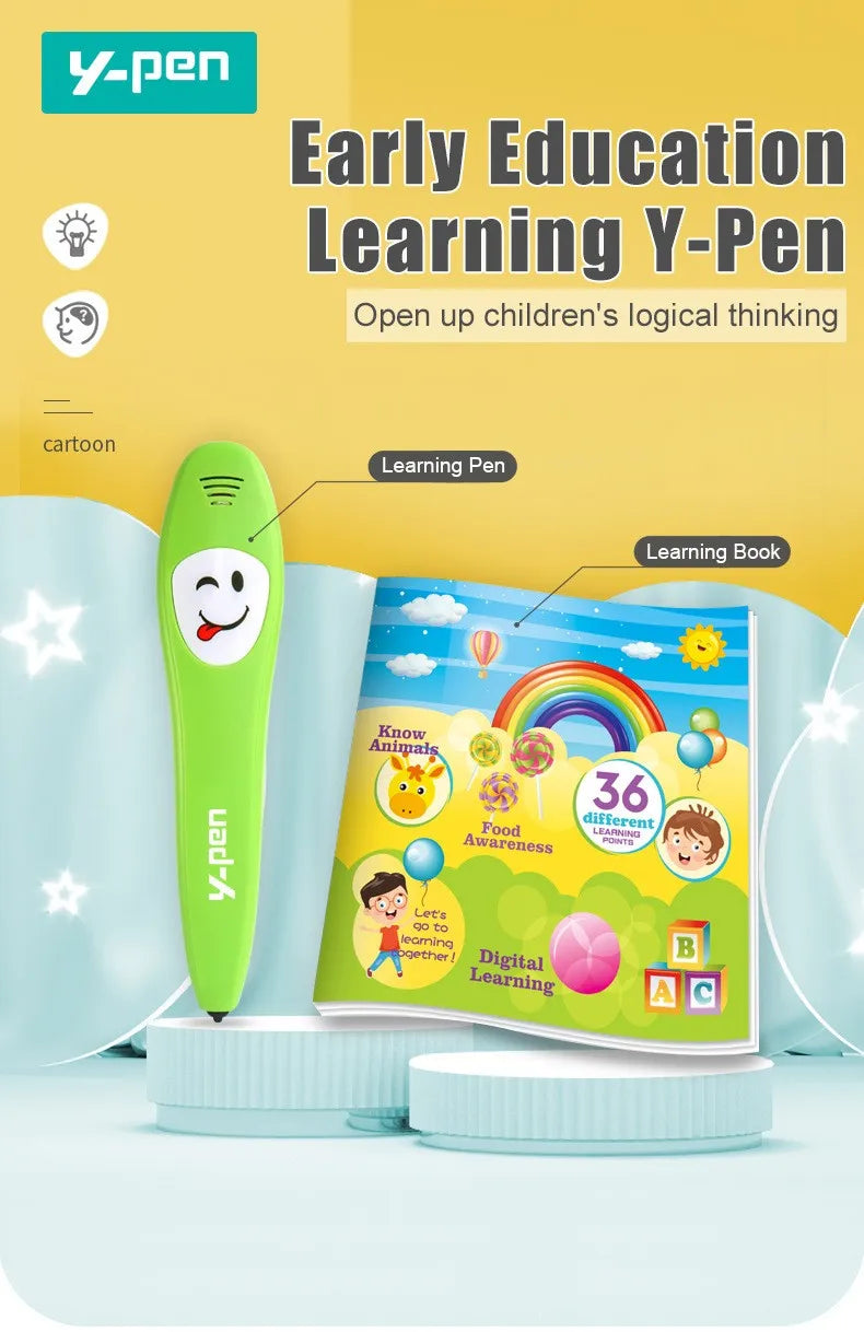 A green Y-Pen learning pen and a colorful learning book are displayed on a light surface.
