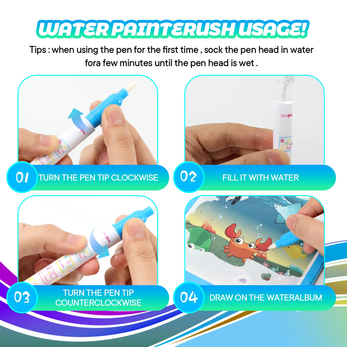Instructions for using a water paint pen to draw on a watercolor book featuring dinosaur and animal themes.