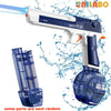 A white and blue electric water battle gun with a detachable bottle is shown spraying water.