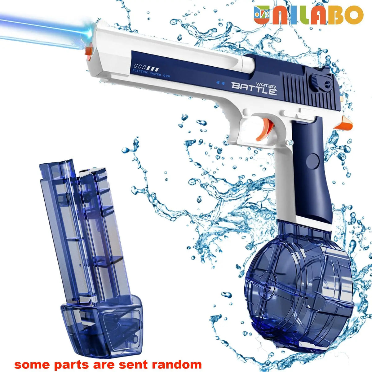 A white and blue electric water battle gun with a detachable bottle is shown spraying water.
