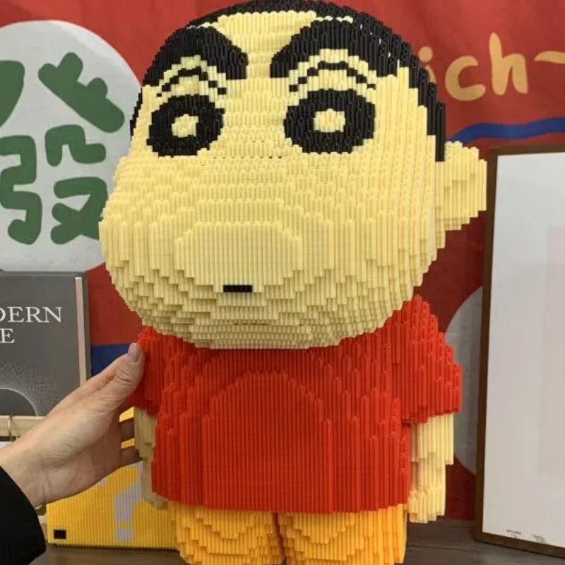 A detailed mini building blocks model kit of a character with black markings and an orange shirt.