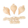 A set of three unfinished wooden spinning tops with steel points for paint your own craft toys.